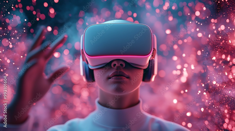 Woman in VR Headset with Bokeh Lights. Woman in VR Headset with Bokeh Lights.