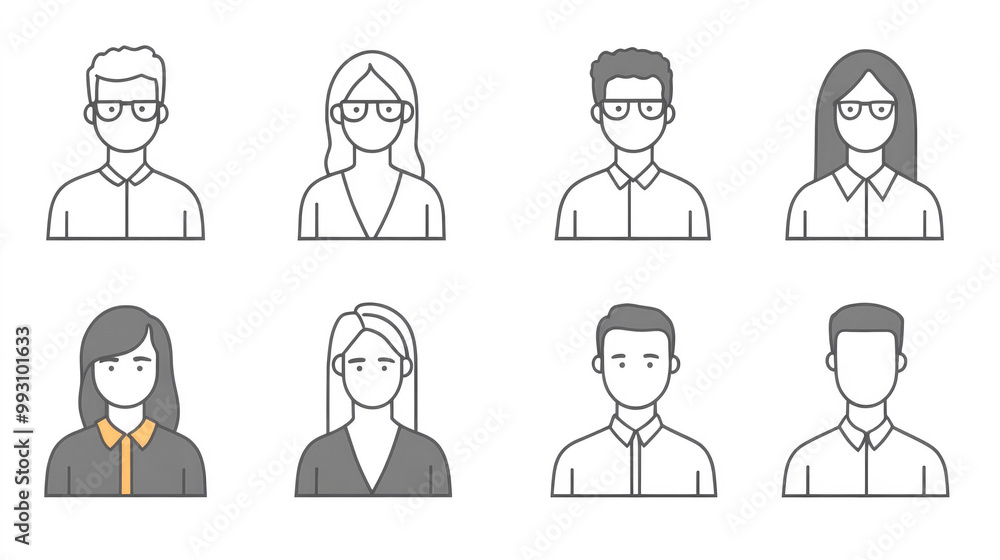 Simple line art representations of avatar characters, each with unique features and accessories, representing diversity in a clean style. Simple line art representations of avatar characters, each with unique features and accessories, representing diversity in a clean style.