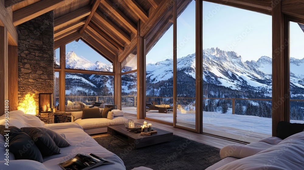 Fototapeta premium Cozy mountain retreat in a snowy landscape with panoramic views of snow-capped peaks