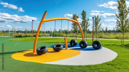 Colorful playground with tire swings in a sunny park