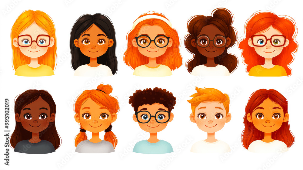 An engaging set of ten illustrated avatars, each showcasing different hairstyles and expressions, perfect for storytelling or creative projects. An engaging set of ten illustrated avatars, each showcasing different hairstyles and expressions, perfect for storytelling or creative projects.