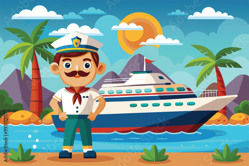 A cheerful cartoon captain stands proudly on the beach with a vibrant cruise ship behind him, Customize your own cartoon illustration for a cruise.