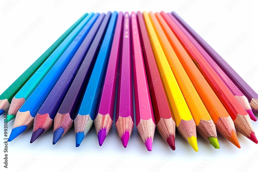 A vibrant row of colored pencils arranged in an orderly fashion on a white background, showcasing a spectrum of colors. A vibrant row of colored pencils arranged in an orderly fashion on a white background, showcasing a spectrum of colors.