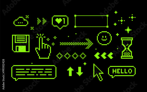 Pixels green elements set. Y2k stickers. Mood of 90's aesthetics. 8-bit retro style vector illustration. Black background. Simple geometric form, arrow, icon. Shapes for trendy y2k collage, poster
