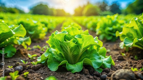 Fresh organic lettuce cultivated in a vibrant garden from a worm s eye view, cultivated, healthy, agriculture, growth, worm's eye view, urban farming, farm-to-table, garden, eco-friendly photo