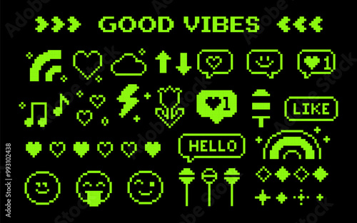 Naive pixel elements set. Smile, arrow, heart. Acid green. Neon. Y2k trendy playful pixels stickers. Mood of 90's aesthetics. 8-bit retro style vector illustration. Simple geometric form. Icon pack