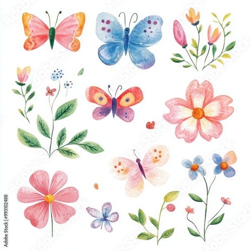 Watercolor Flowers & Butterfli photo