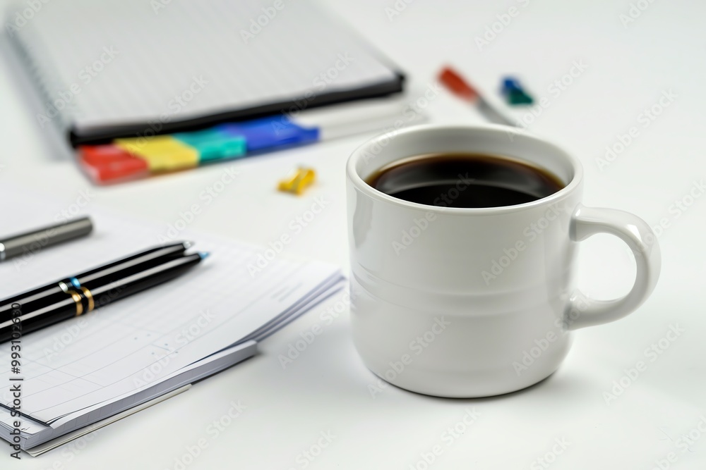 A white mug filled with black coffee placed beside a spiral notebook, pens, and office supplies on a white desk.