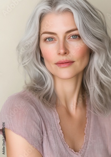 A woman with long gray hair is wearing a pink shirt and smiling