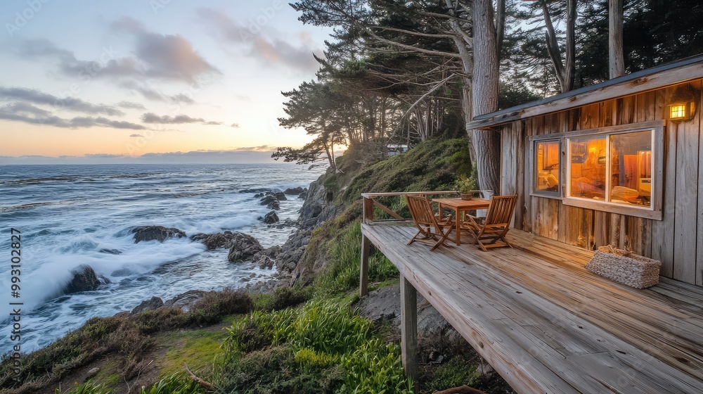 Cozy oceanfront cabin with a wooden deck overlooking crashing waves and a rocky shore Cozy oceanfront cabin with a wooden deck overlooking crashing waves and a rocky shore