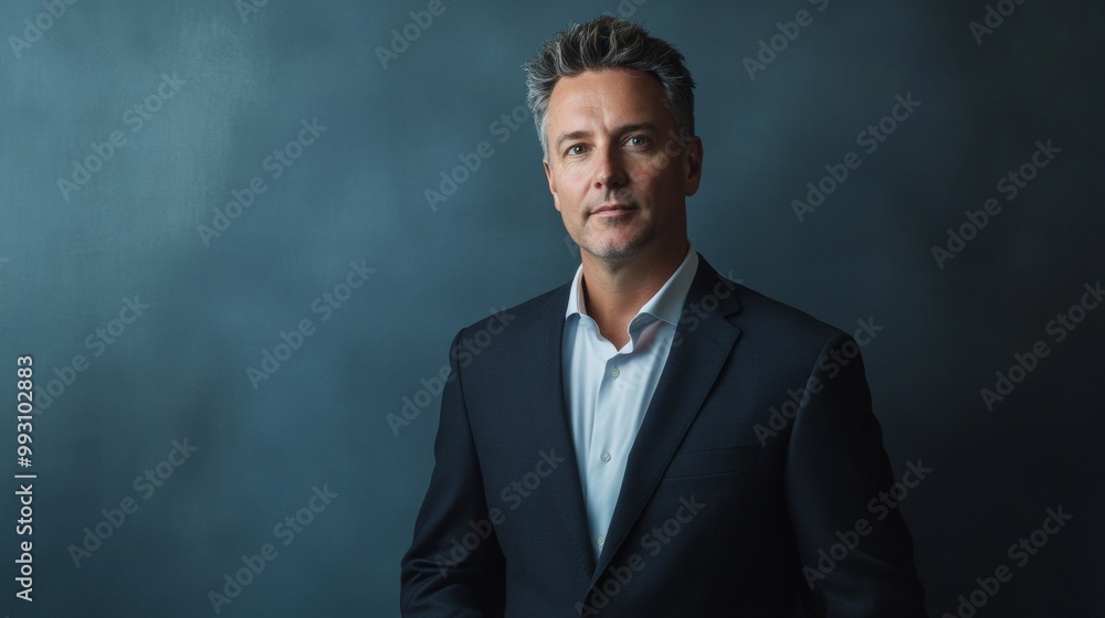 A man in a suit is standing in front of a blue background A man in a suit is standing in front of a blue background