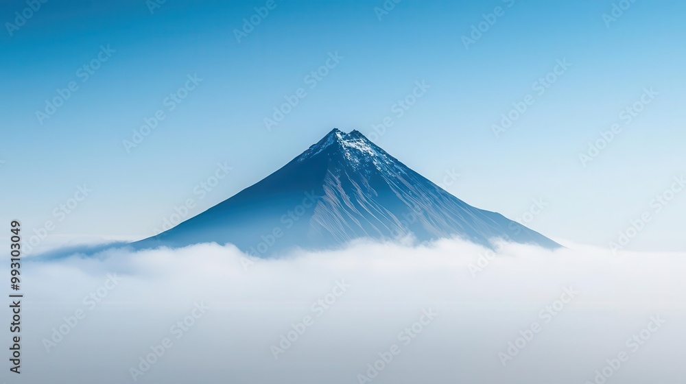 Fototapeta premium Clear mountain peak visible through fog, clear vision, competitive advantage, goal clarity