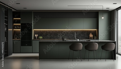Sleek modern kitchen with dark grey cabinets and sophisticated lighting, creating a stylish and functional apartment kitchen design.