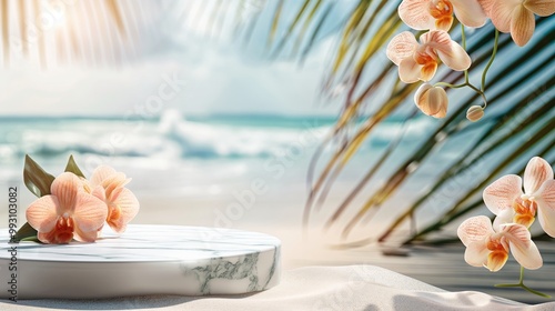 Delicate orchids on marble podium with sea view. product placement background