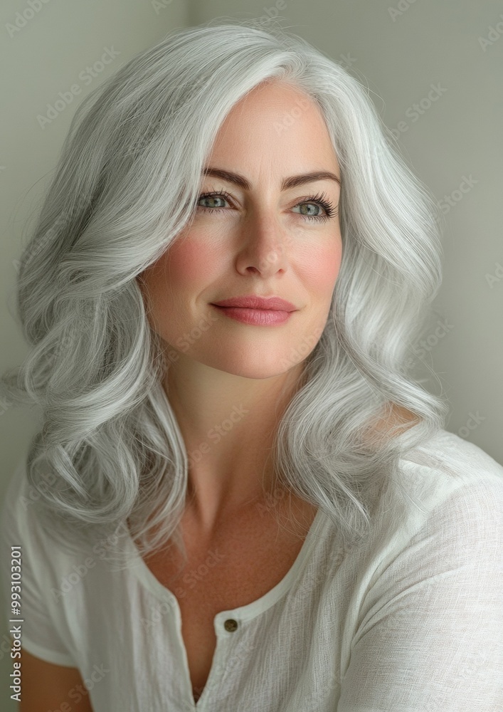 Naklejka premium A woman with long gray hair is smiling and wearing a white shirt