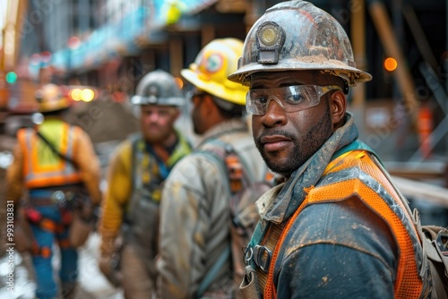 Construction Workers on Building Site Wearing Safety Gear and High-Visibility Vests