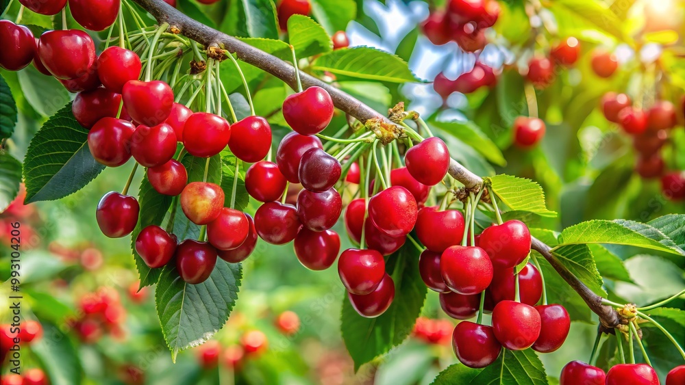 The cherry tree stands magnificent, adorned with vibrant red fruits that dangle among lush green leaves, painting a The cherry tree stands magnificent, adorned with vibrant red fruits that dangle among lush green leaves, painting a