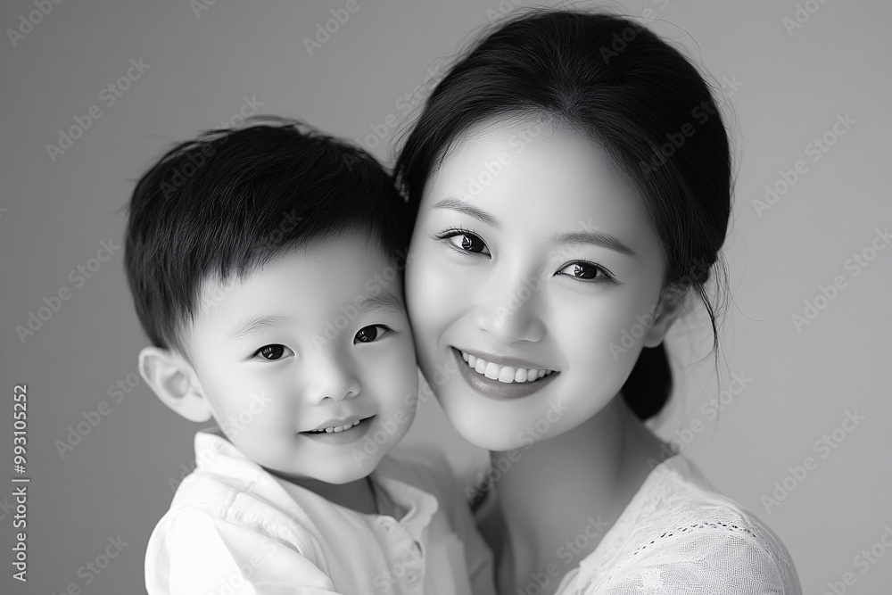 Young Chinese mother and cute son interacting and smiling in front of a plain background, dressed in simple clothes, during a family photo portrait shoot. Young Chinese mother and cute son interacting and smiling in front of a plain background, dressed in simple clothes, during a family photo portrait shoot.