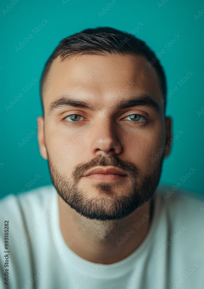 Fototapeta premium A man with a beard and a shaved head is looking at the camera