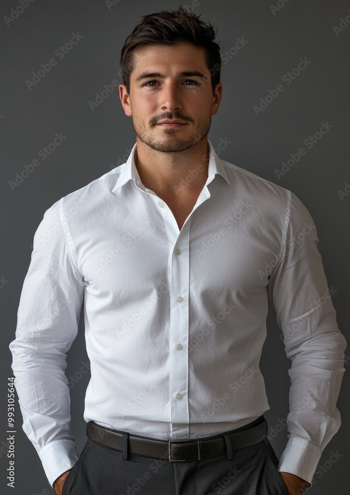 A man in a white shirt and gray pants is standing in front of a gray wall A man in a white shirt and gray pants is standing in front of a gray wall