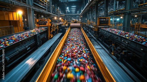 Conveyor Belt in Industrial Factory with Colorful Objects