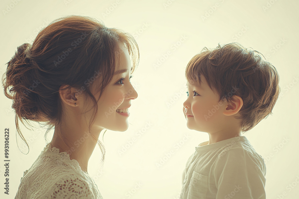 Young Chinese mother and cute son interacting and smiling in front of a plain background, dressed in simple clothes, during a family photo portrait shoot. Young Chinese mother and cute son interacting and smiling in front of a plain background, dressed in simple clothes, during a family photo portrait shoot.