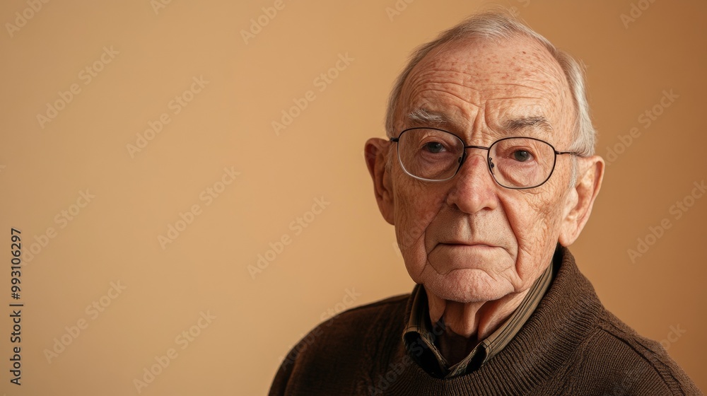 An old man with glasses is standing in front of a wall An old man with glasses is standing in front of a wall