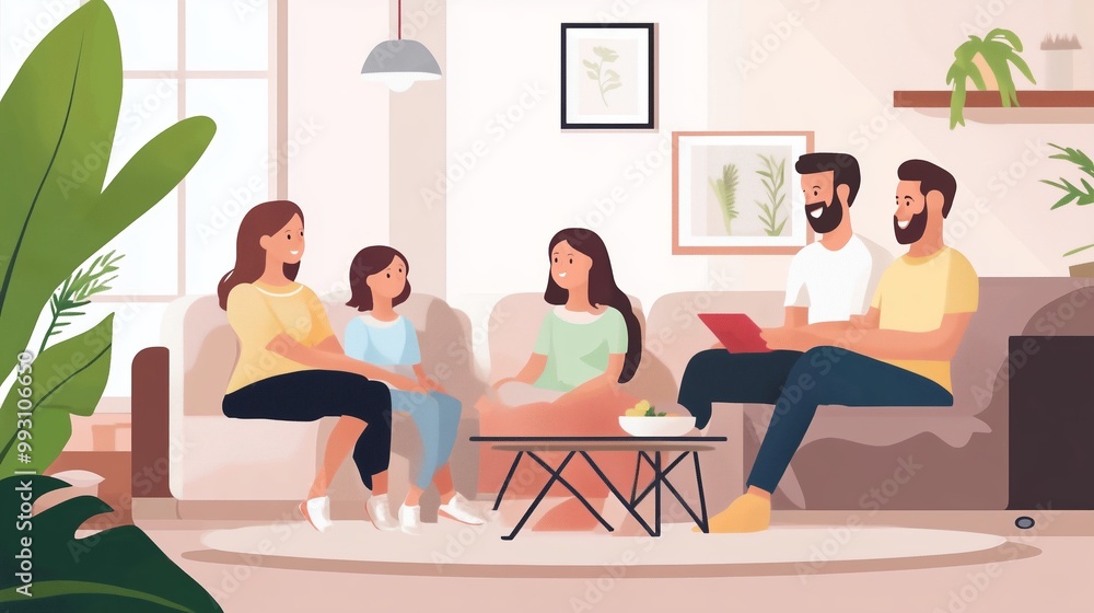 Family enjoying time together in a modern living room with plants, natural light, and comfortable seating during the afternoon Family enjoying time together in a modern living room with plants, natural light, and comfortable seating during the afternoon