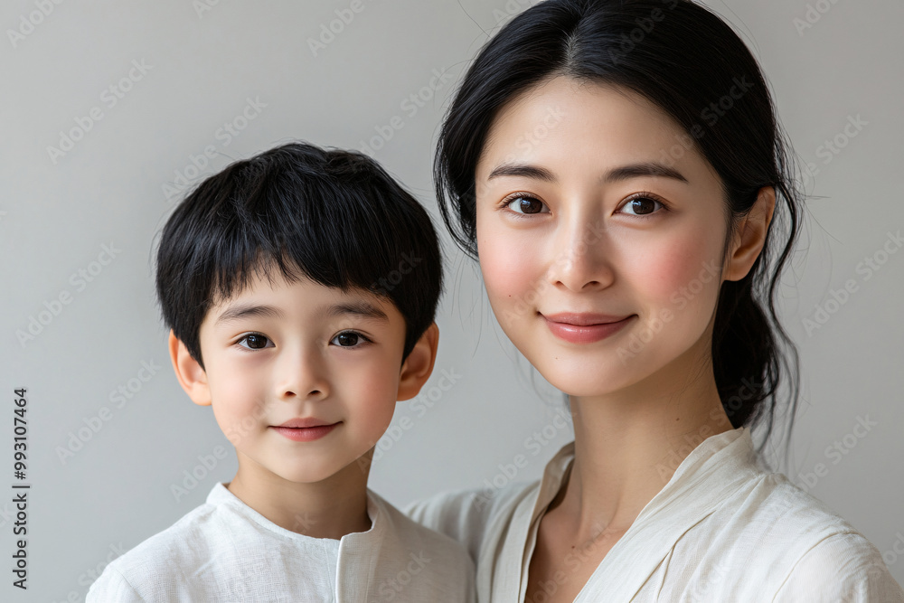 Young Chinese mother and cute son interacting and smiling in front of a plain background, dressed in simple clothes, during a family photo portrait shoot. Young Chinese mother and cute son interacting and smiling in front of a plain background, dressed in simple clothes, during a family photo portrait shoot.
