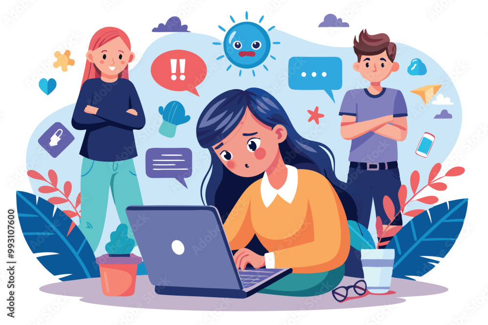A young girl experiences cyber bullying while using her laptop, surrounded by negative comments and reactions, Cyber bullying with customizable and disproportionate illustrations. A young girl experiences cyber bullying while using her laptop, surrounded by negative comments and reactions, Cyber bullying with customizable and disproportionate illustrations.