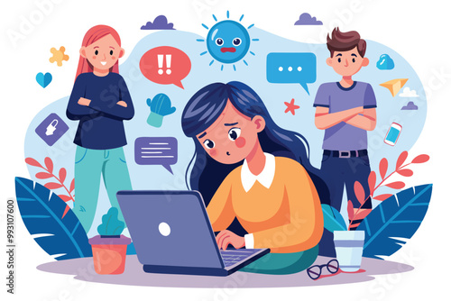 A young girl experiences cyber bullying while using her laptop, surrounded by negative comments and reactions, Cyber bullying with customizable and disproportionate illustrations.