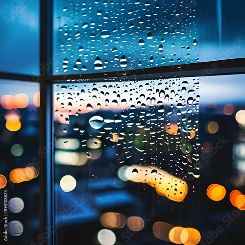 Close-up of raindrops on a windowpane with a blurred cityscape behind."