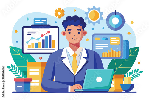 A professional analyzing data on a laptop with visual charts and graphs displayed around the workspace, Data analysis expert, flat illustration