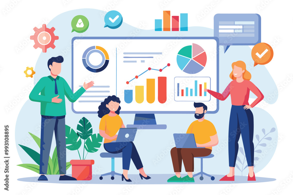 A team presents data analysis findings with charts and graphs in a contemporary office environment, Data analysis presentation with a simple illustration. A team presents data analysis findings with charts and graphs in a contemporary office environment, Data analysis presentation with a simple illustration.