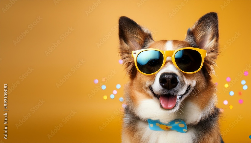 Obraz premium Cute Dog with funny sunglasses and happy birthday party invitation card