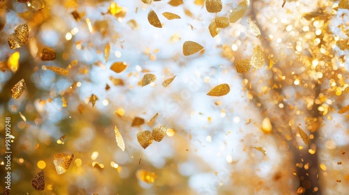 Golden confetti falling from the sky, representing a celebration of success, gold confetti, joyful moment 