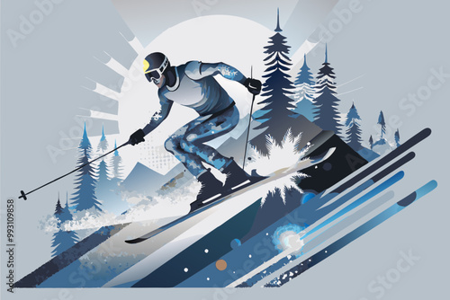 Dynamic Winter Sports Scene with Skier Speeding Downhill
