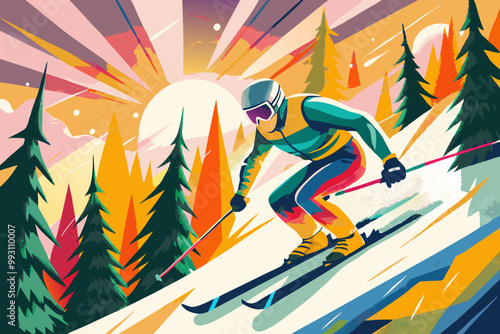 Vibrant Downhill Skier in Picturesque Mountain Landscape