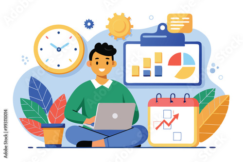 A data analyst sits cross-legged with a laptop, surrounded by a calendar, clock, and charts to organize work, Data analyst with calendar and clock, simple illustration