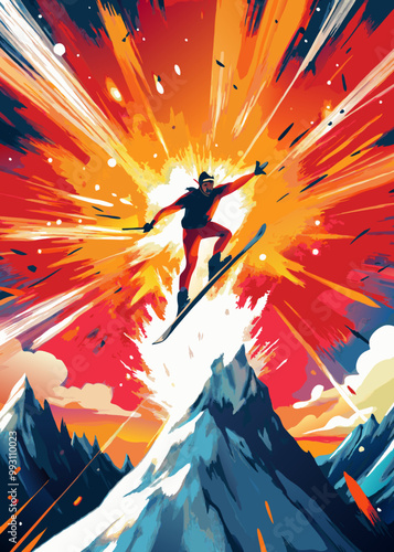 Dynamic Skier Launching Off a Snowy Mountain Peak Against a Vivid Sky