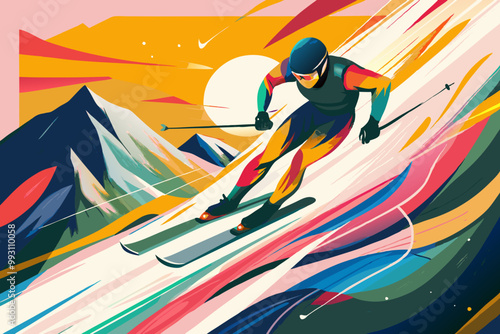 Dynamic Alpine Skier Descending Vibrant Mountain Slope at Sunset