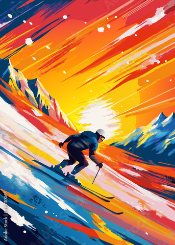 Dynamic Skier Descending Vibrant Mountain Slope at Sunset
