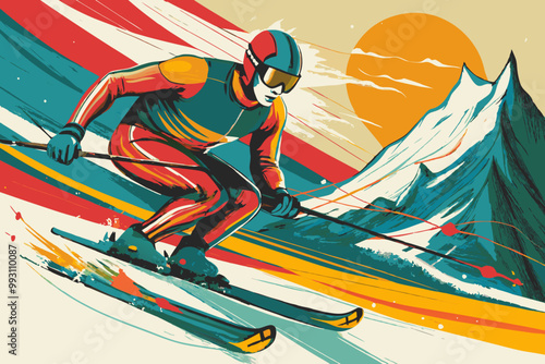 Dynamic Alpine Skier Descending Mountain Slopes at Sunset