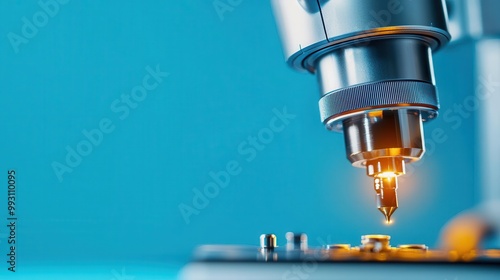 Close-up of semiconductor testing under blue light, quality assurance, semiconductor technology, testing process photo