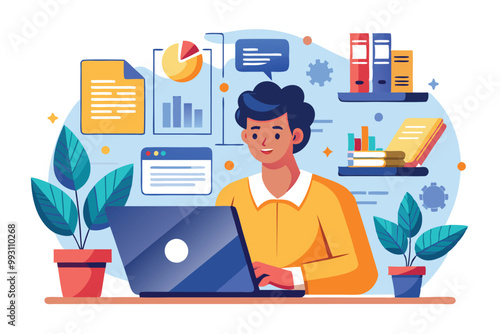 A data analyst reviews documents and charts while working on a laptop surrounded by plants and books, Data analyst with documents, flat illustration