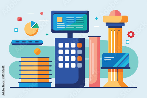 A calculator and various data visualization elements depict financial analysis in a digital workspace, Data column and calculator, illustrated flatly.