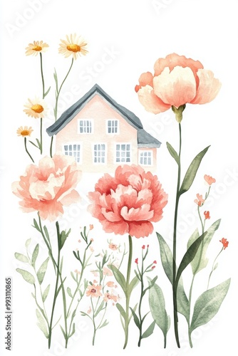 House & Flowers Watercolor.