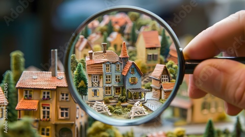 Magnifying glass highlighting intricate details of tiny model houses photo