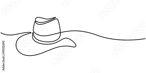 Continuous line drawing of cowboy hat. One line of cowboy hat. Cowboy continuous line art. Editable outline, Continuous cowboy hat one line drawing minimalism design isolated on white background