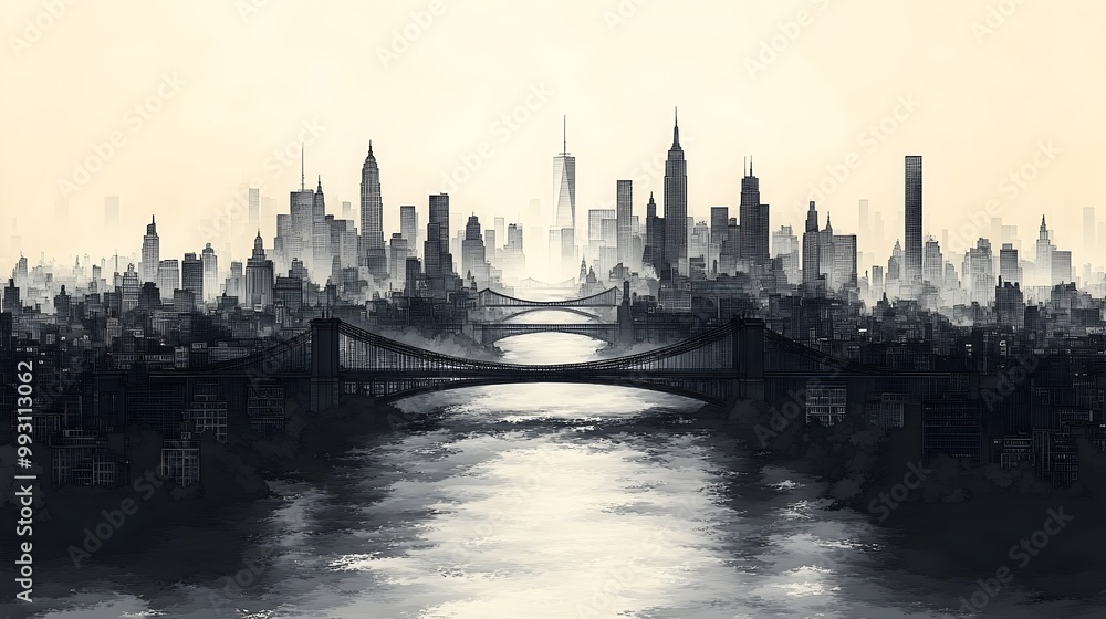 Fototapeta premium Majestic Silhouetted Skyline of a Towering Metropolis with Iconic Architecture and Bridges